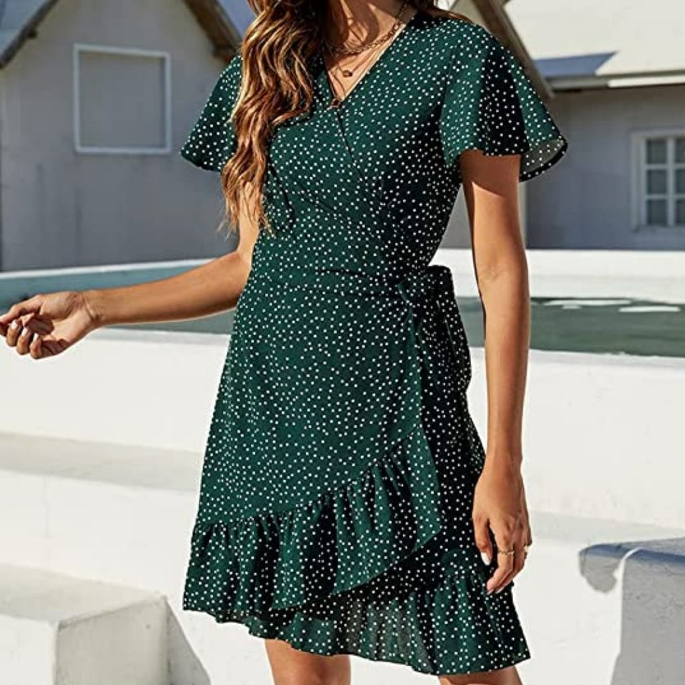 Green and White Polkadot Wrap Dress